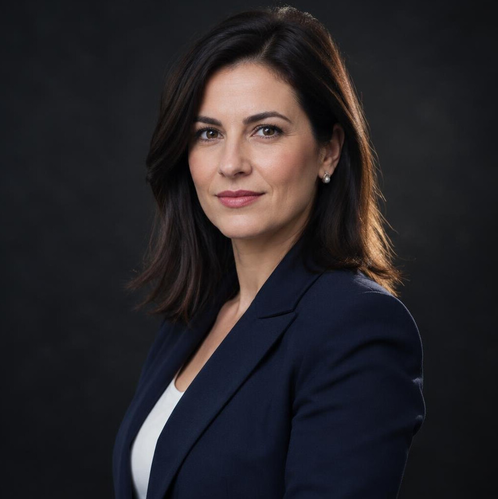 Confident businesswoman in a dark blazer looking at the camera
