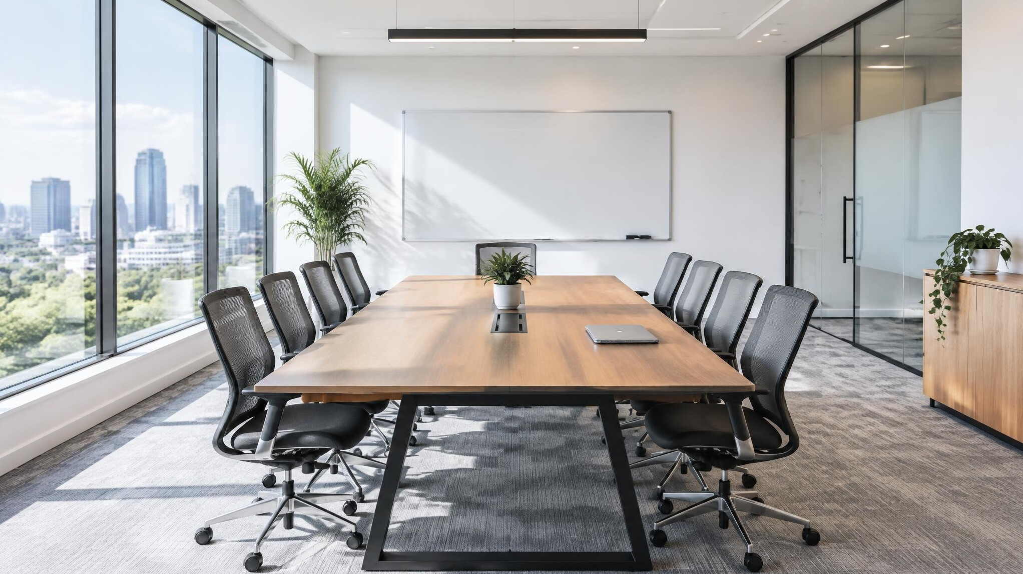 Bright modern meeting room with a long table and chairs