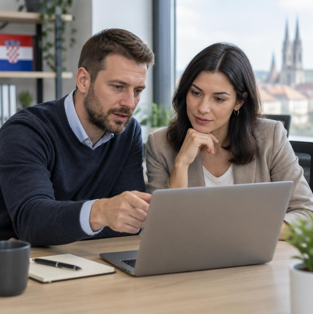 Two colleagues discussing work at a laptop in an office
